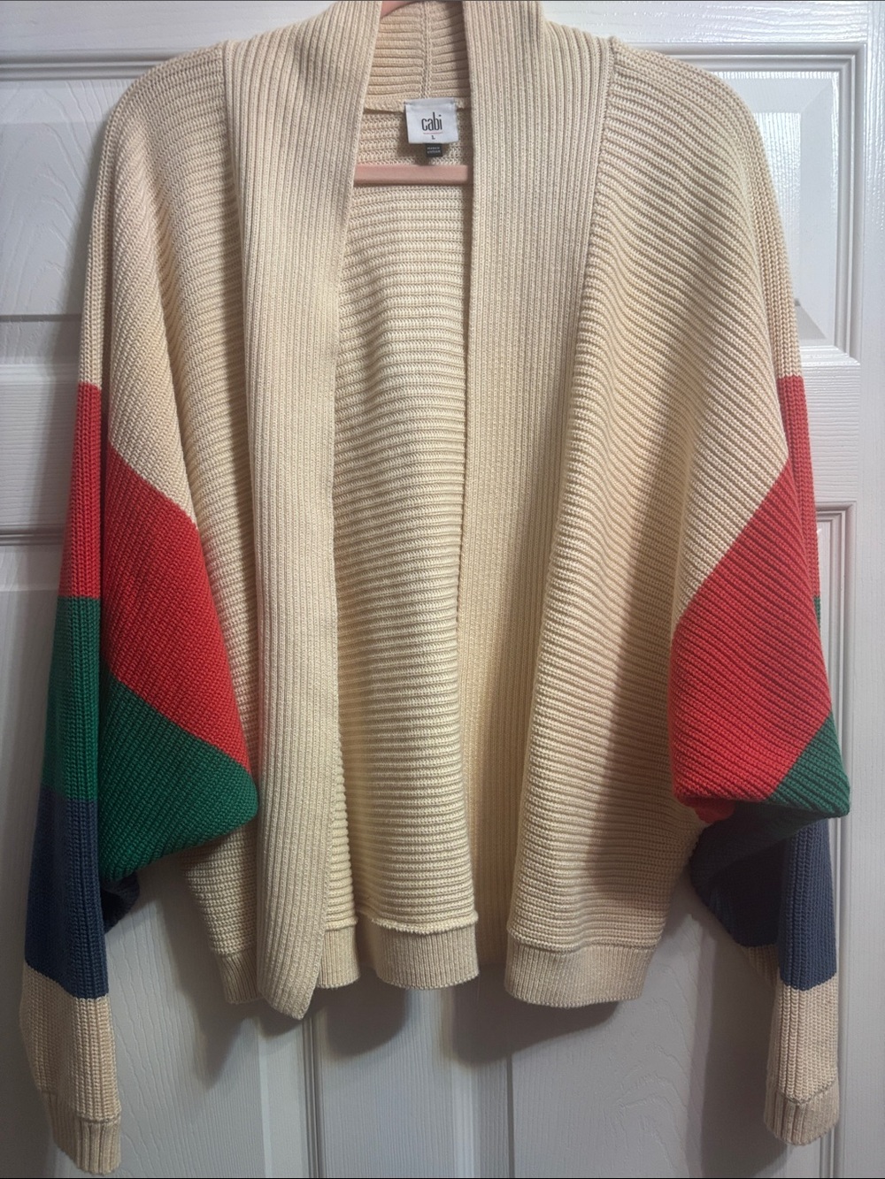 CAbi Cream Cotton Open-Front Cardigan with Red, Green & Navy Sleeves - Size L